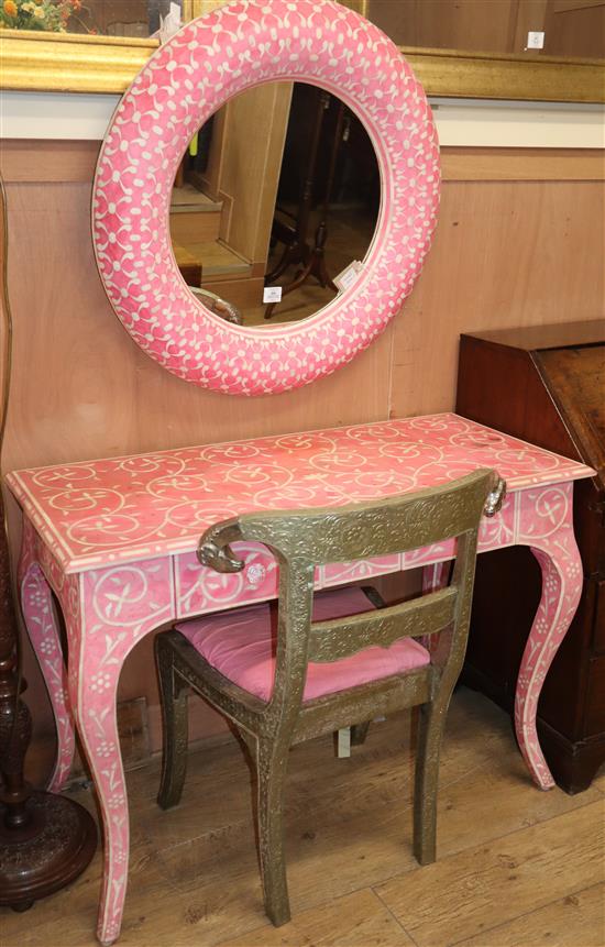 A brightly painted pink and white dressing table, a similar circular wall mirror and a silvered metal covered chair (3) Dressing table